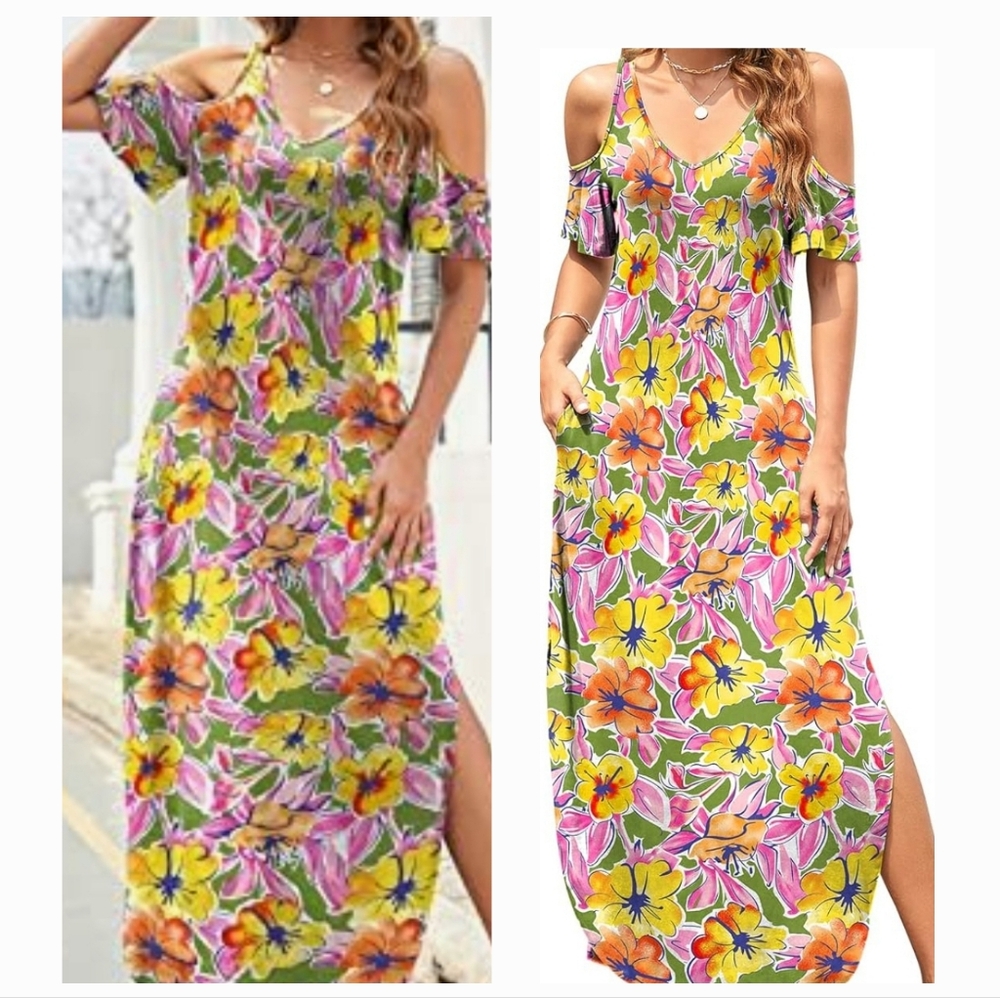 HUSKARY Women's Summer Maxi Dresses V Neck Cold Shoulder Short Sleeve Ca…